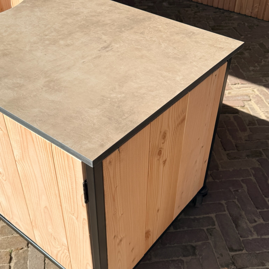 Buitenkeuken Douglas en staal met opbergkast en Taupe HPL werkblad - Lengte 150 cm - Afbeelding 4